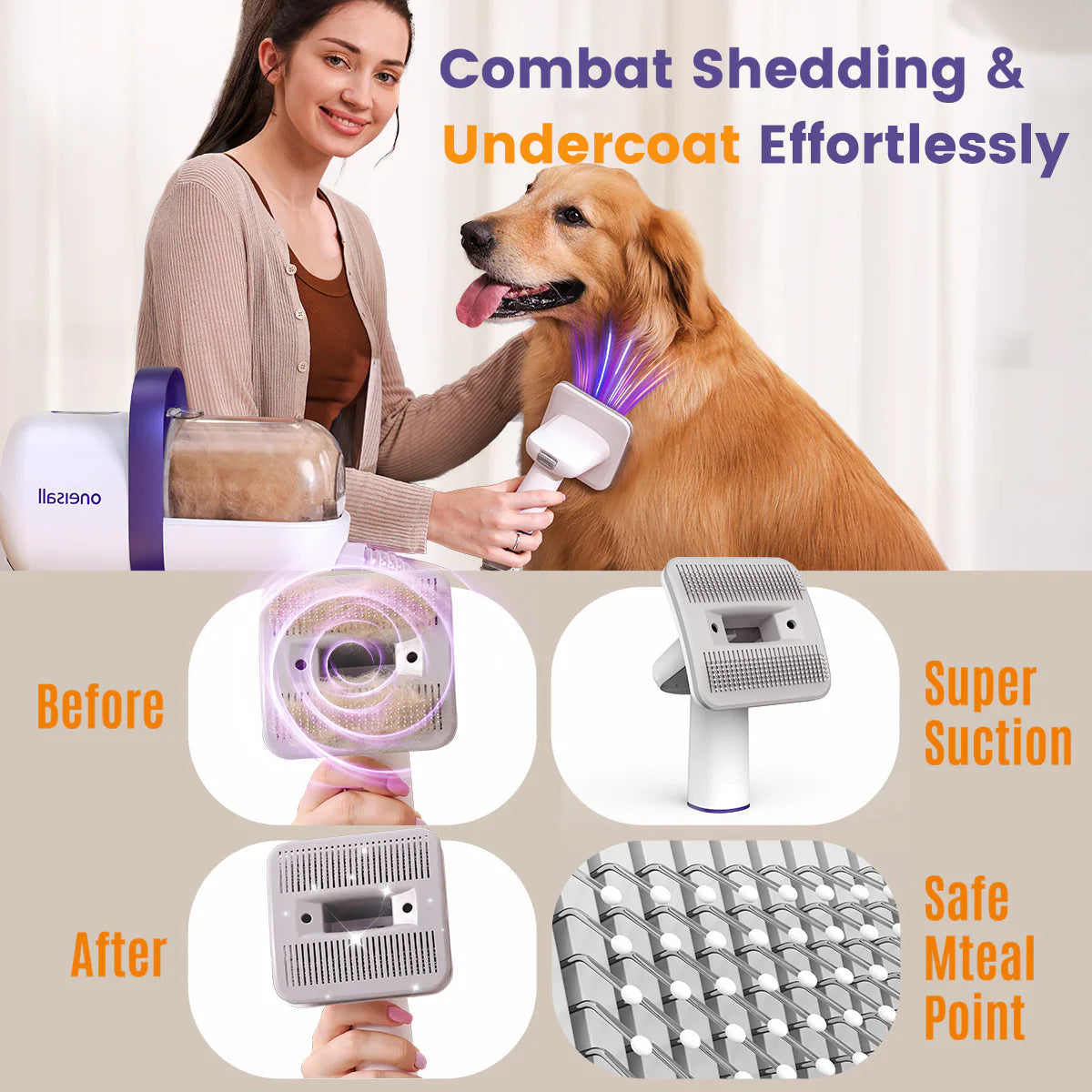 4 in 1 Dog Grooming Vacuum Kit : Low Noise 12Kpa Strong Suction with Pet Hair Deshedding Brush and Cleaning Tools