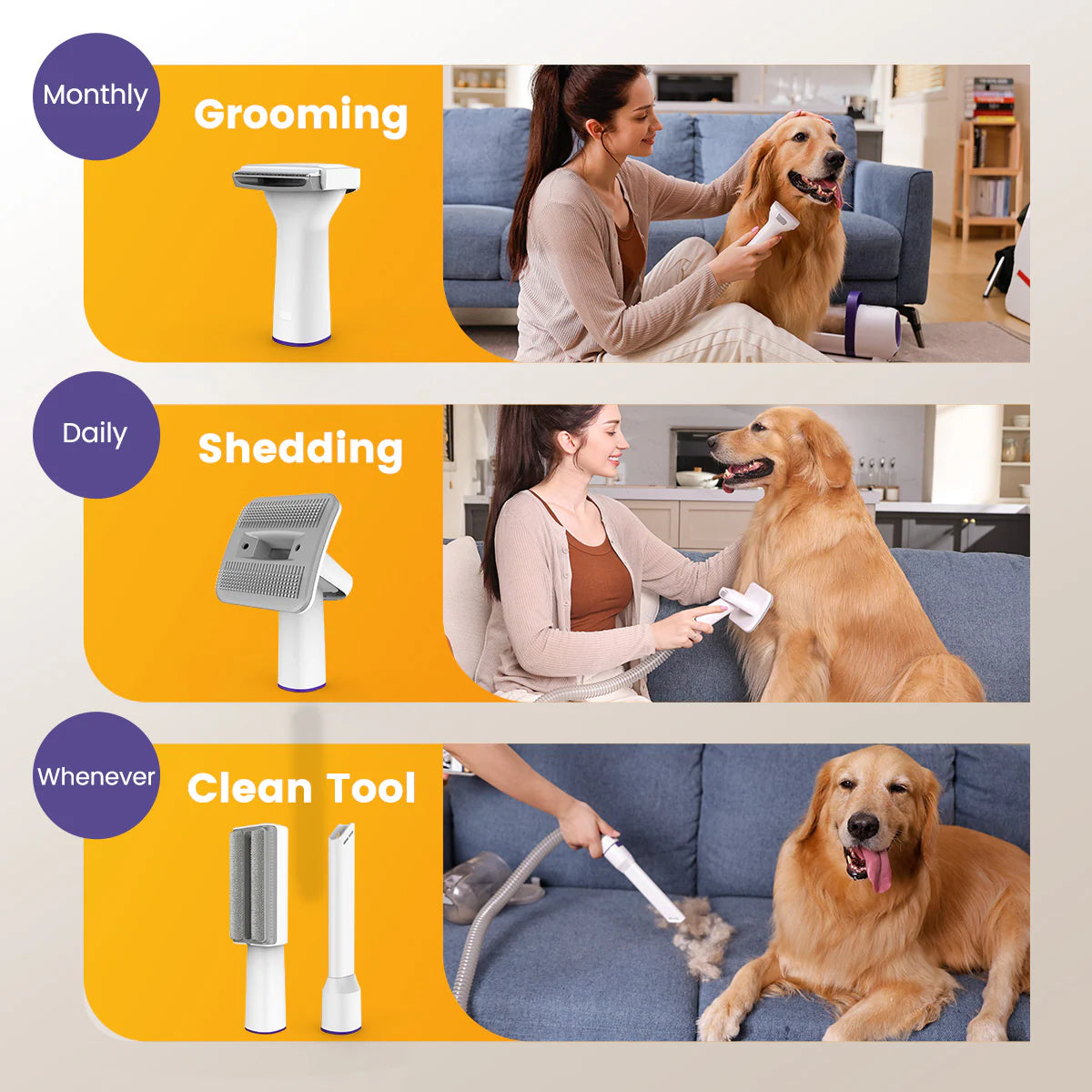 4 in 1 Dog Grooming Vacuum Kit : Low Noise 12Kpa Strong Suction with Pet Hair Deshedding Brush and Cleaning Tools